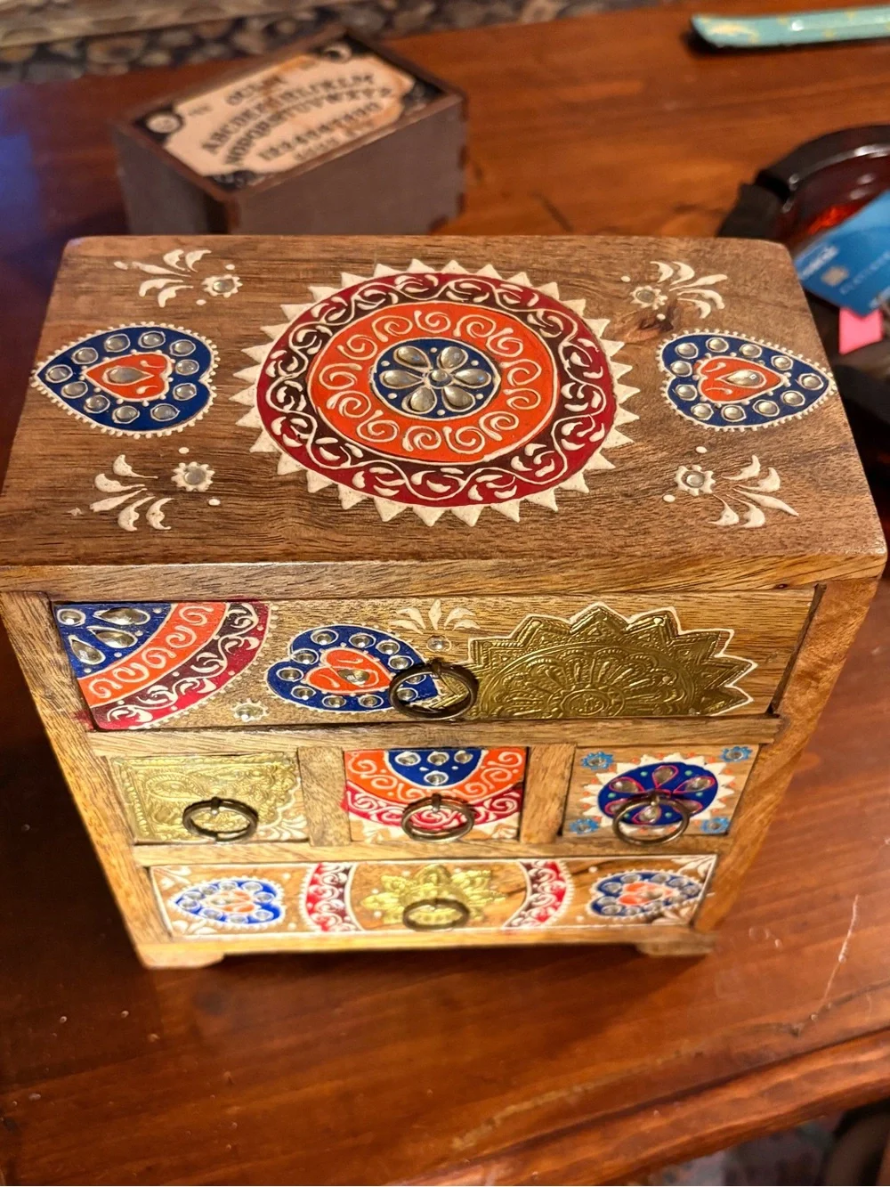 Unique, free-spirited, boho, vintage feel decor, storage box.